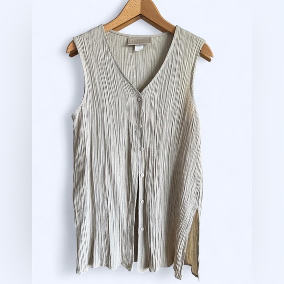 Vintage 90s Express Beige Cream Ribbed Button Sleeveless Boho Vest Shirt Medium - Picture 2 of 10